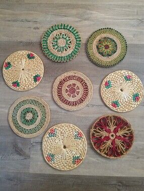 Lot of 8 VTG Wicker Straw Hot Pad Trivet Woven Rattan Raffia Boho Wall Decor